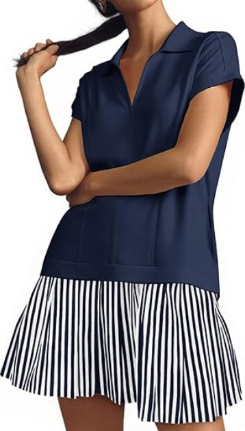 Fisoew Striped Patchwork Polo V‑Neck Mini Dress with Pockets
