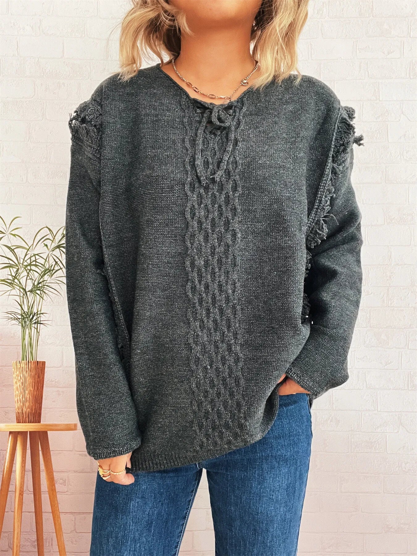 Raw Hem Lace Up Front Sweater