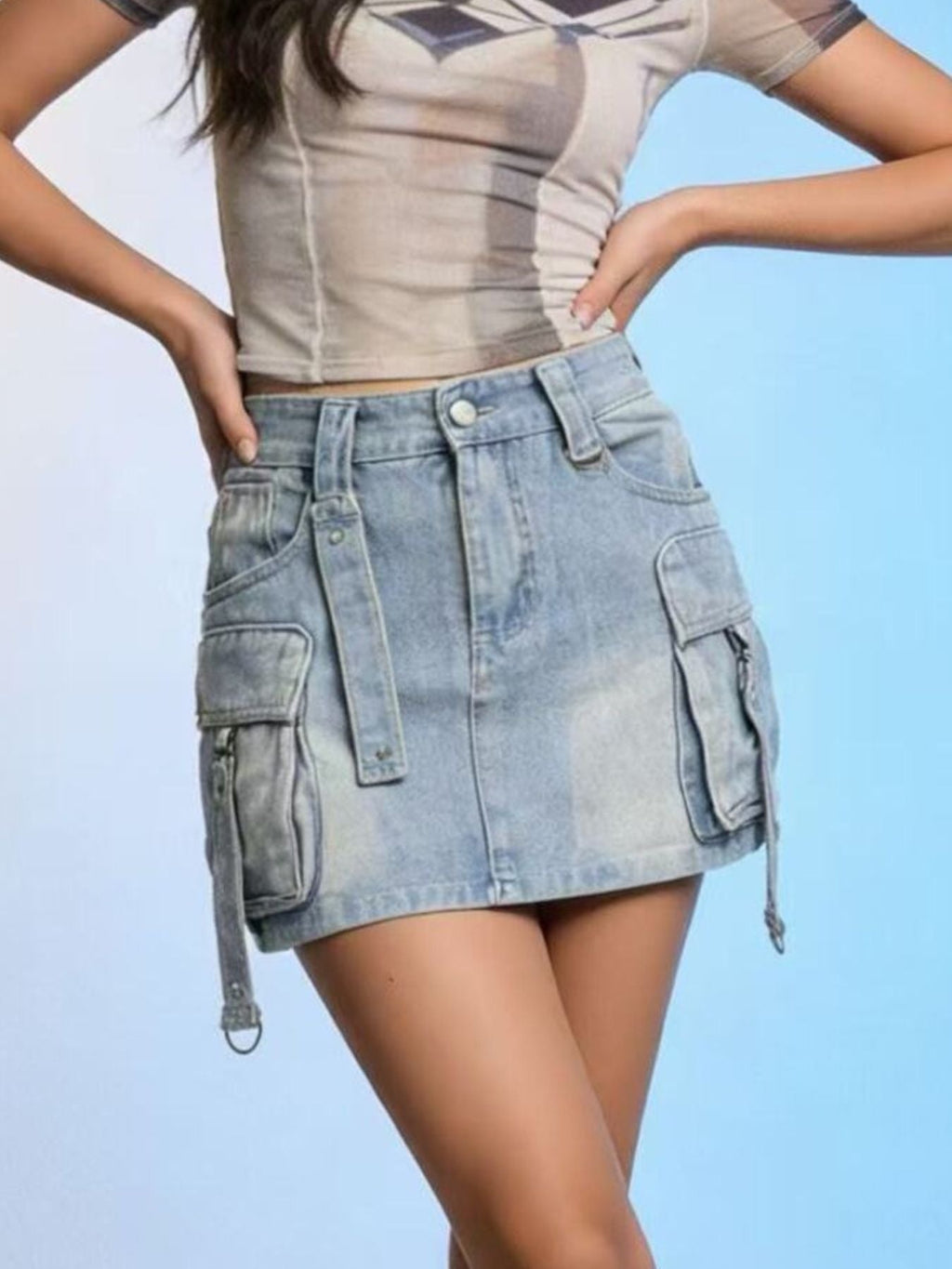 Washed Cargo Denim Skirt