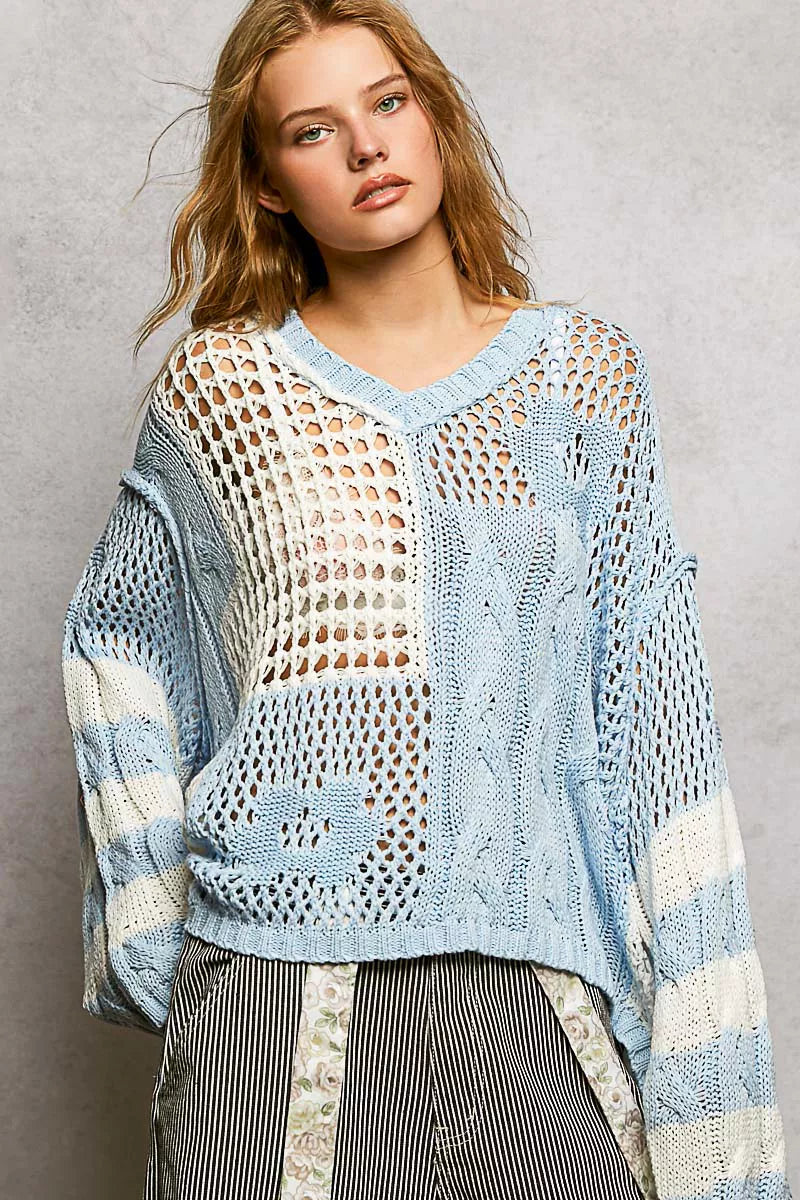 POL Color-Blocked Stripe Pattern Knit Top with Twisted Weave