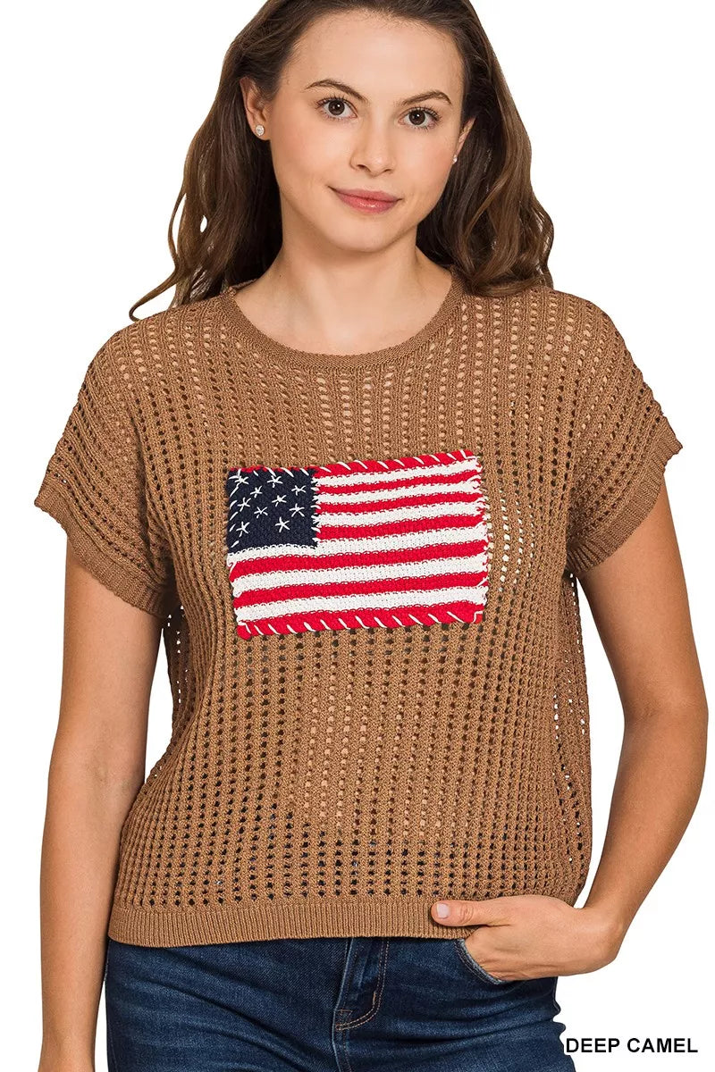 Zenana Viscose American Flag Openwork Knit Top