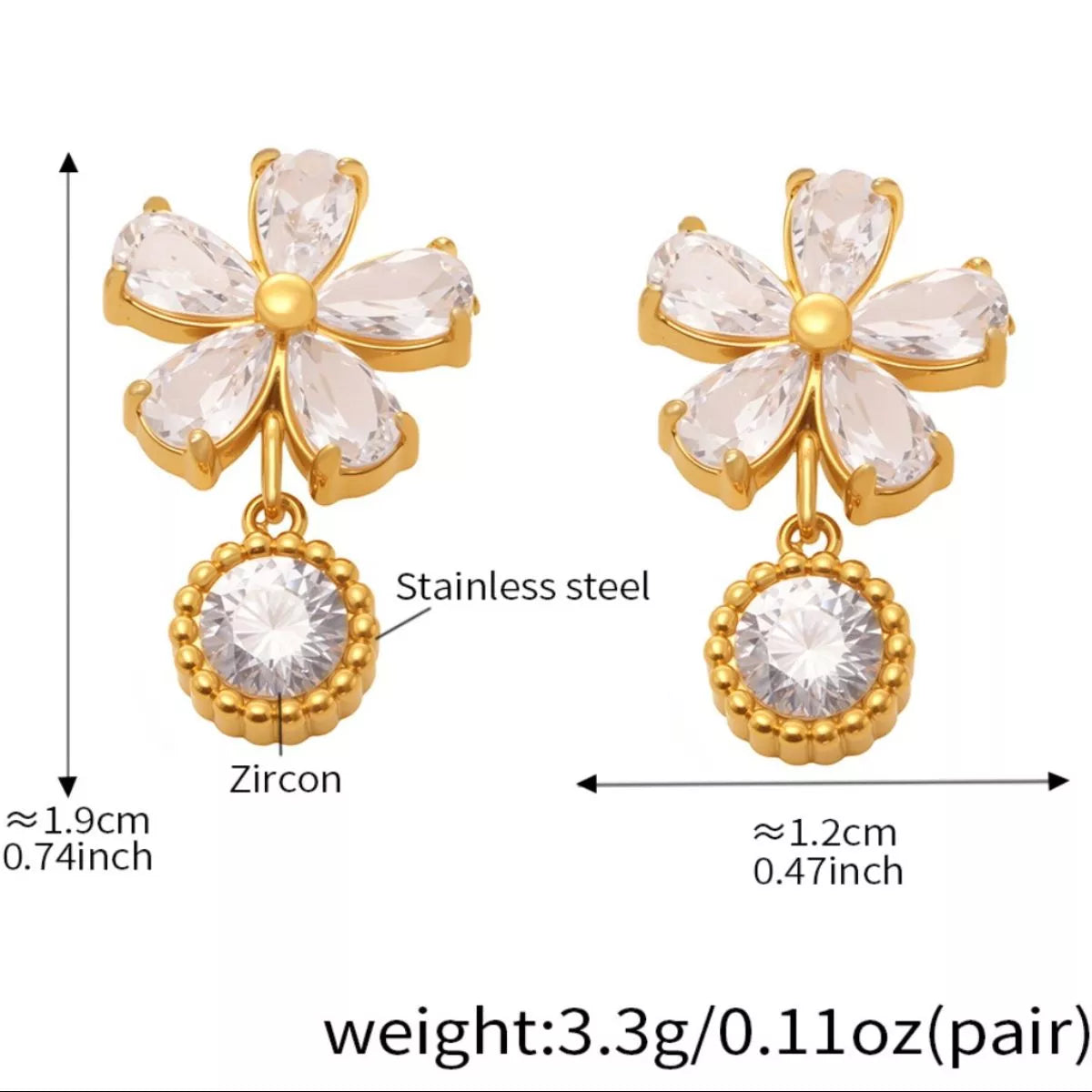 18K Gold-Plated Stainless Steel Zircon Flower Drop Earrings