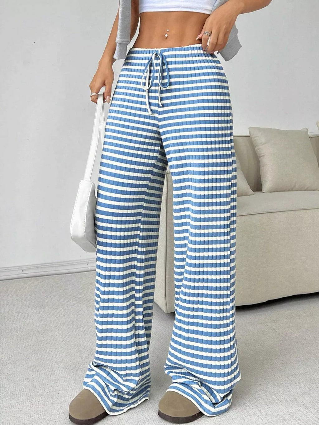 Striped Ribbed Knit Drawstring Waist Wide Leg Pants
