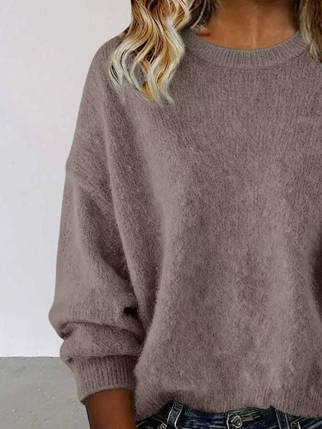 Full Size Round Neck Dropped Shoulder Sweater Plus Size