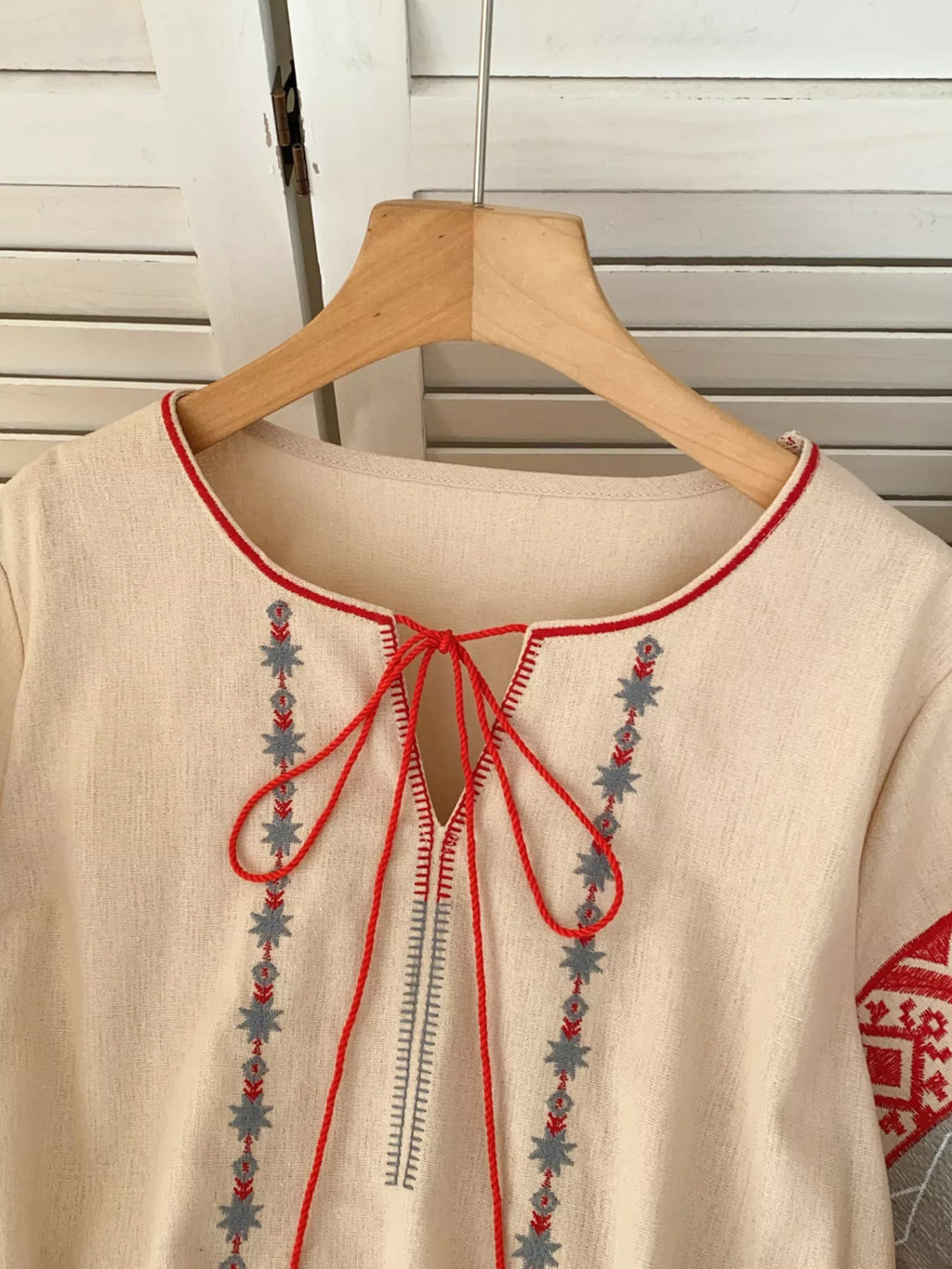 Embroidered Tie Neck Blouse