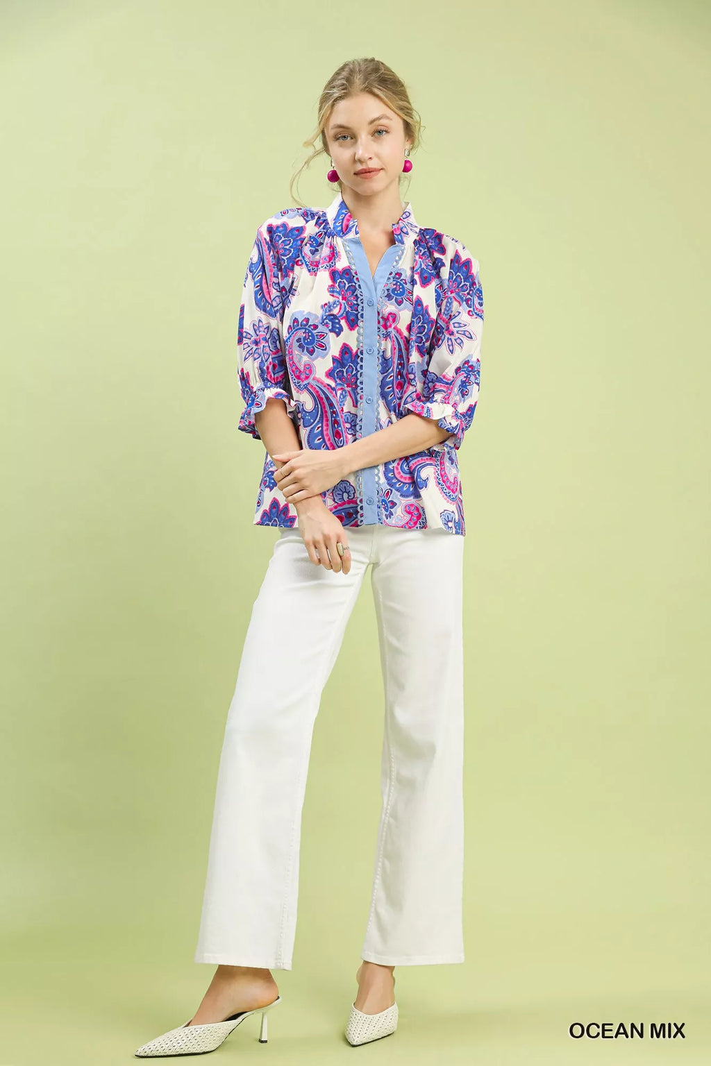 Umgee Paisley Print Button Front Blouse with Scallop Trim Detail