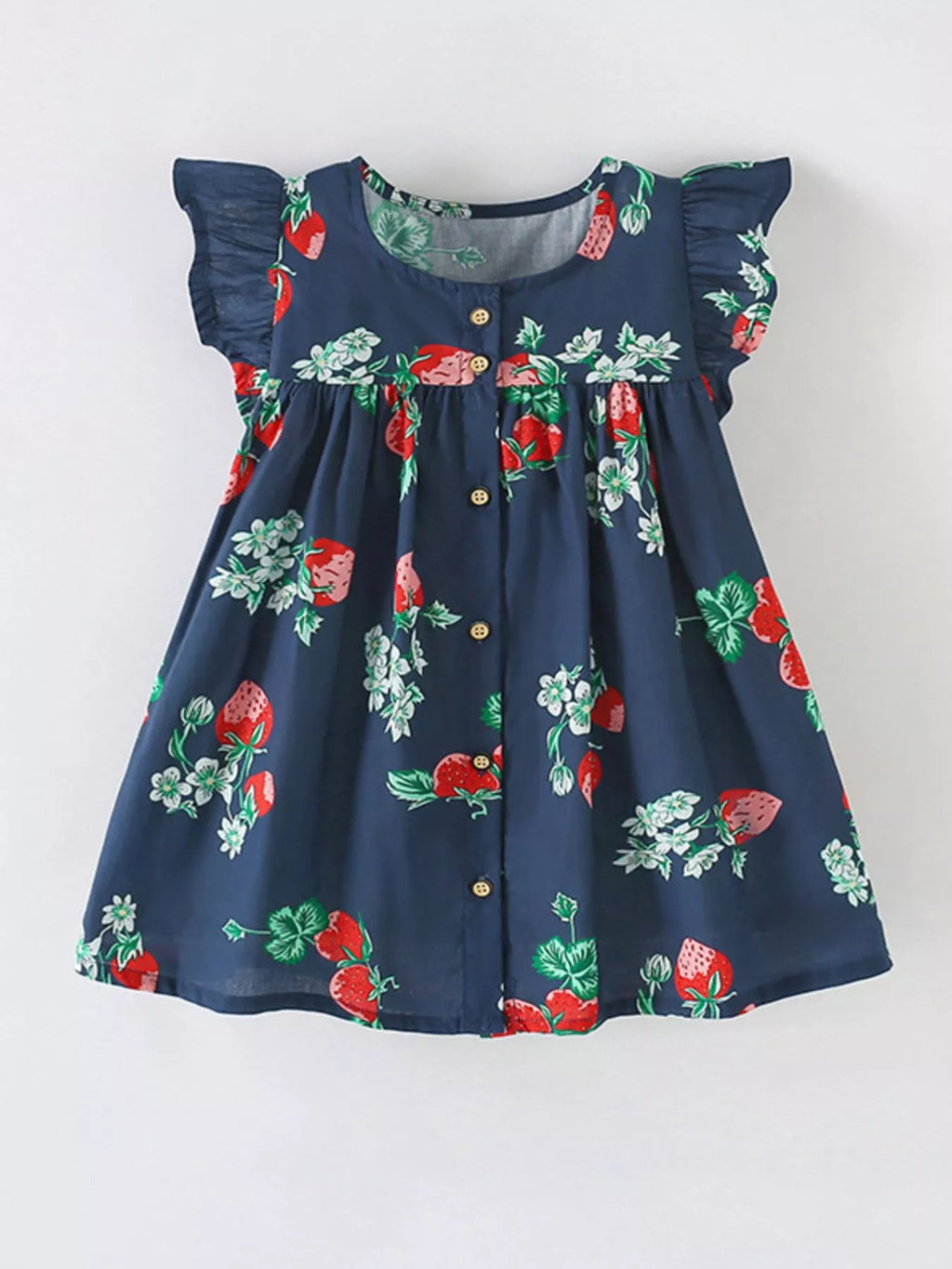 Children's Strawberry Print Ruffle Sleeve Button-Down Dress