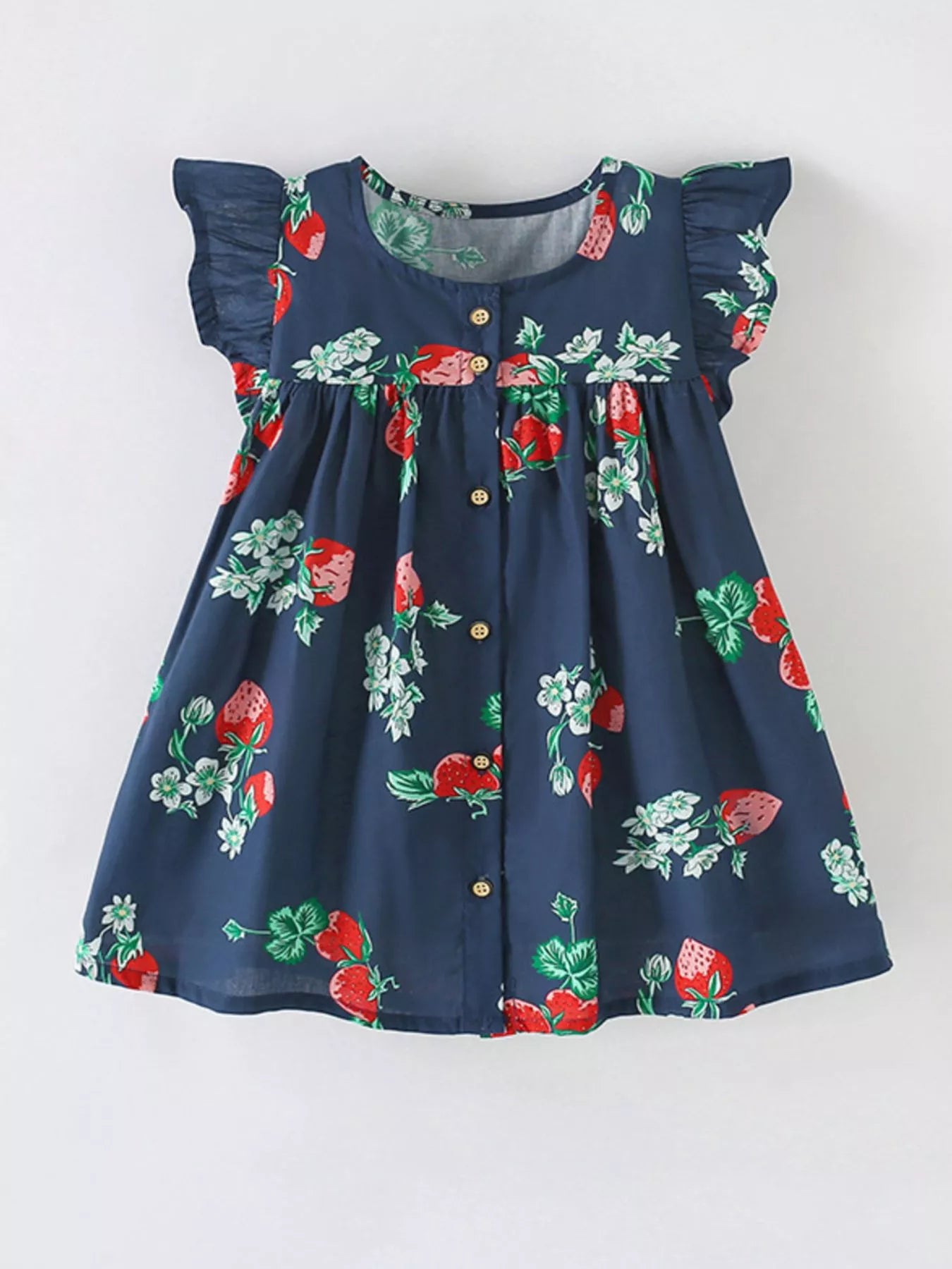 Children's Strawberry Print Ruffle Sleeve Button-Down Dress