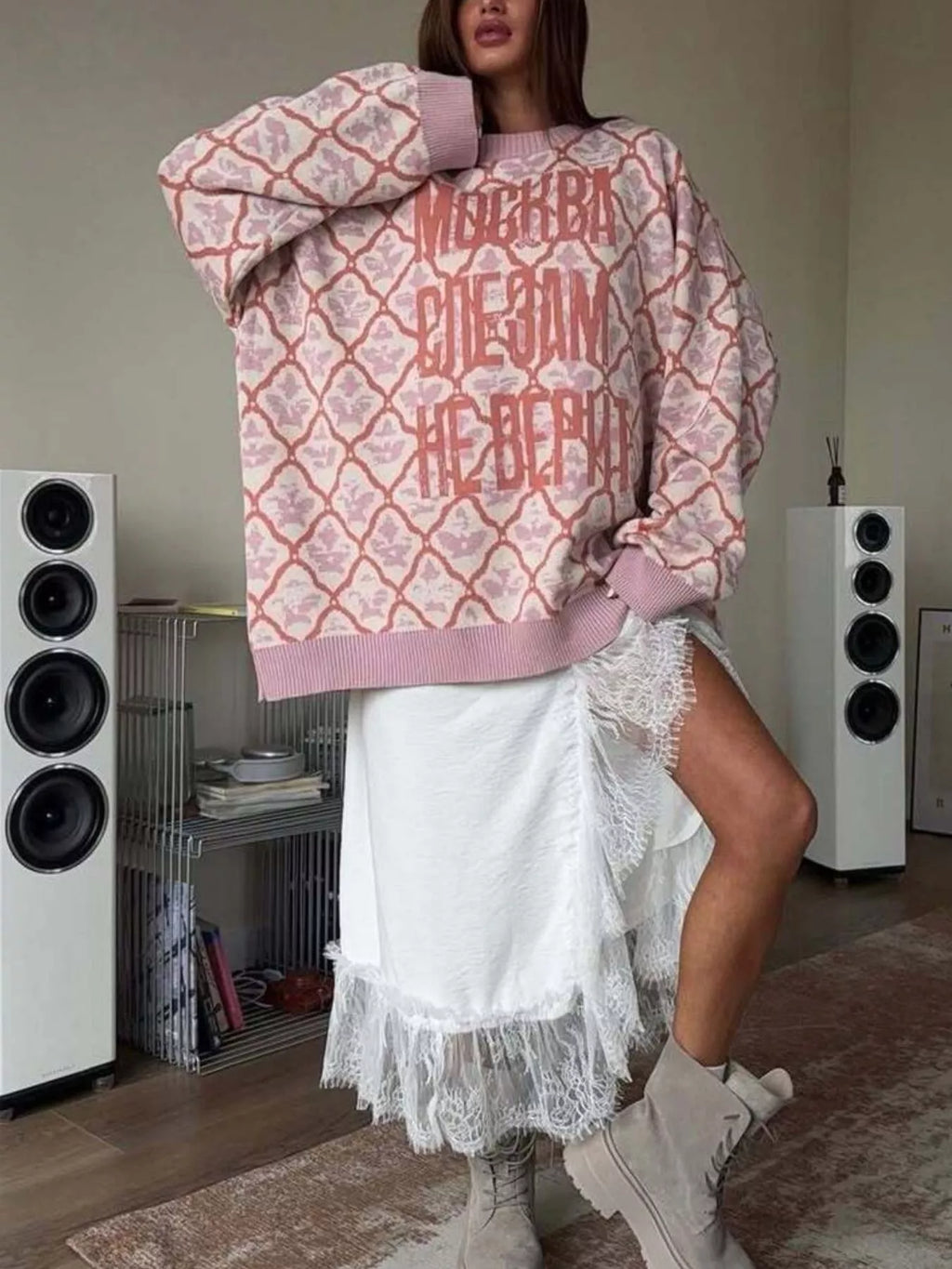Letter Round Neck Long Sleeve Sweater