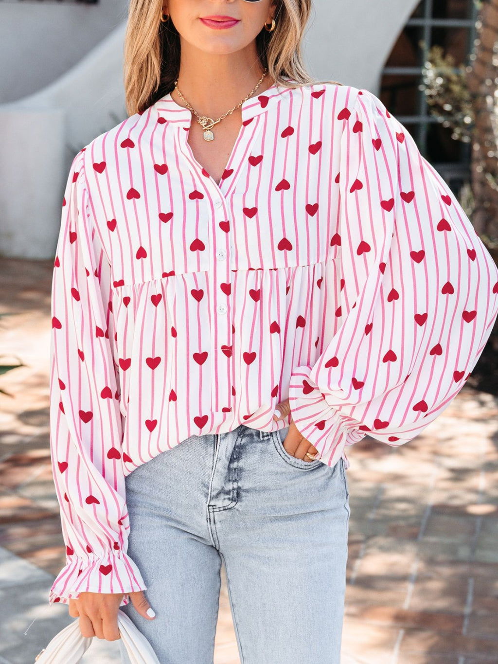 Stripe Textured Heart Print Long Flounce Sleeve Shirt