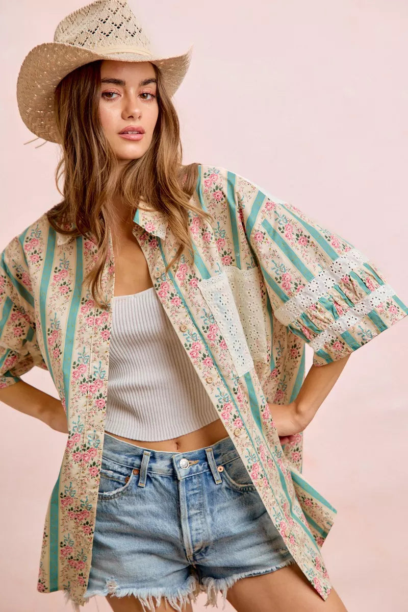 BiBi Eyelet Lace And Floral Mix And Match Shirt Top