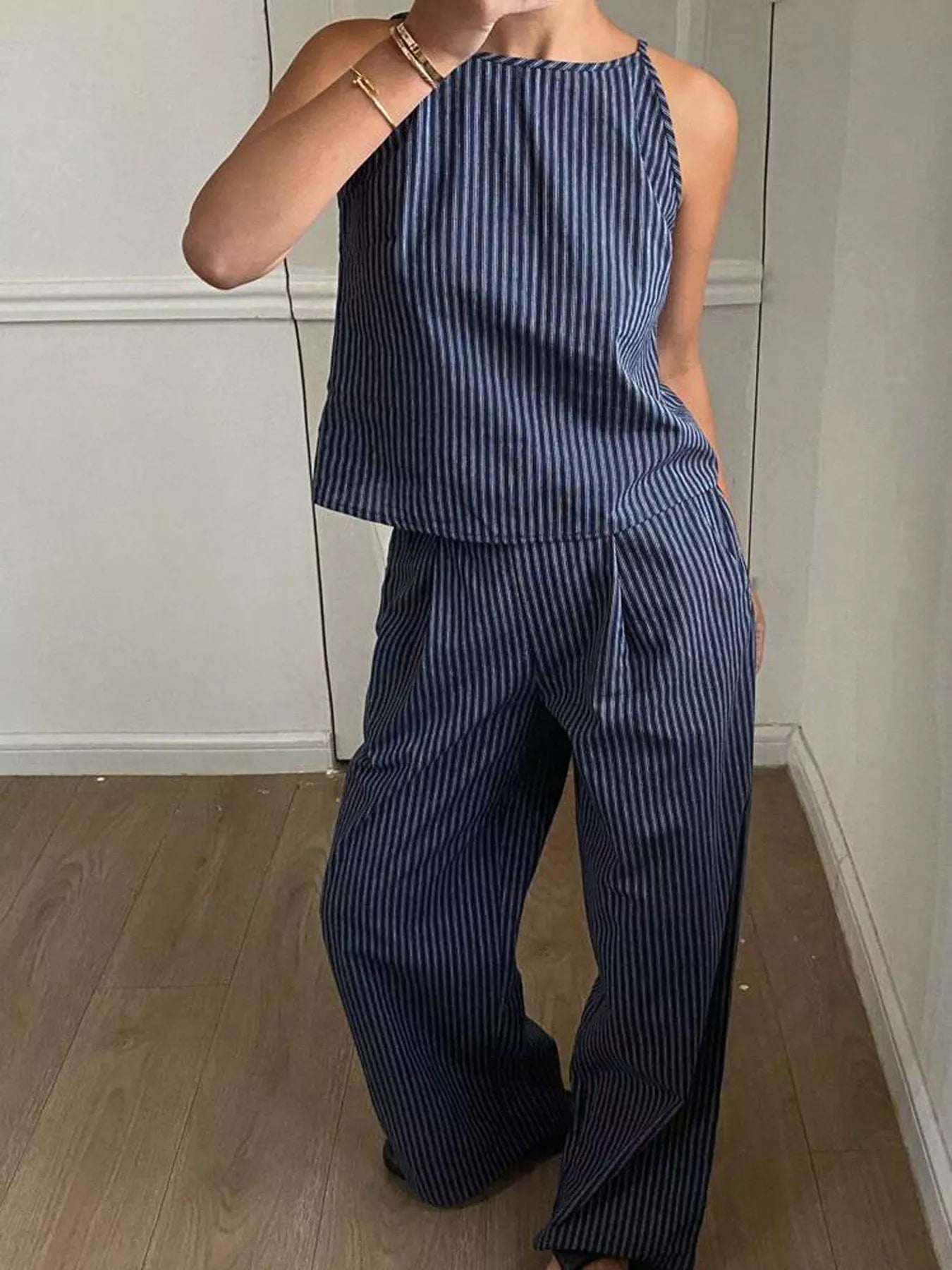 Striped Sleeveless Top and Wide-Leg Pants Set
