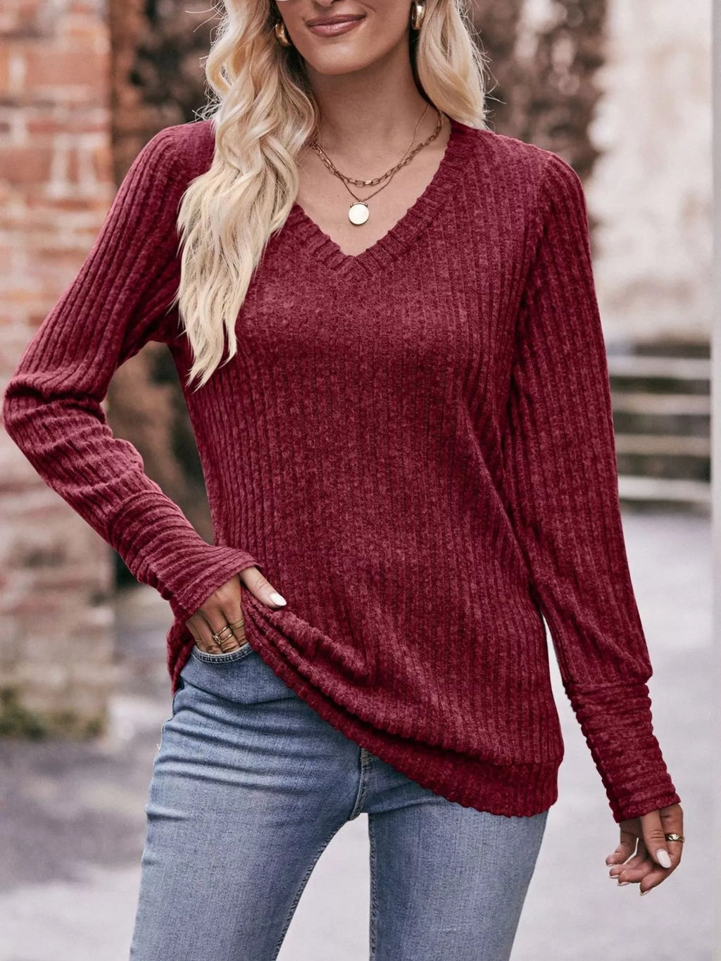 V-Neck Ribbed Knit Long Sleeve T-Shirt