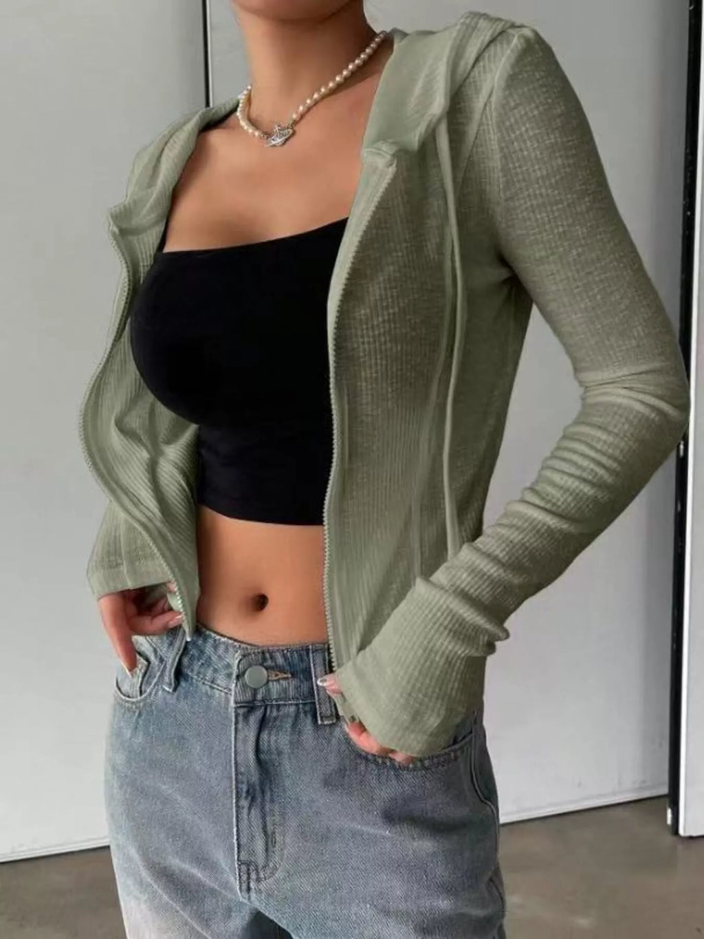 Ribbed Knit Cropped Zip-Up Outerwear