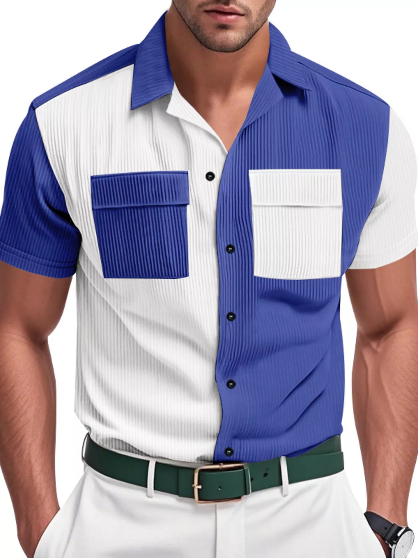 Men's Full Size Two-Tone Textured Short Sleeve Shirt Plus Size