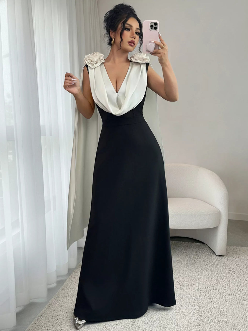 Floral Applique Two Tone Maxi Dress