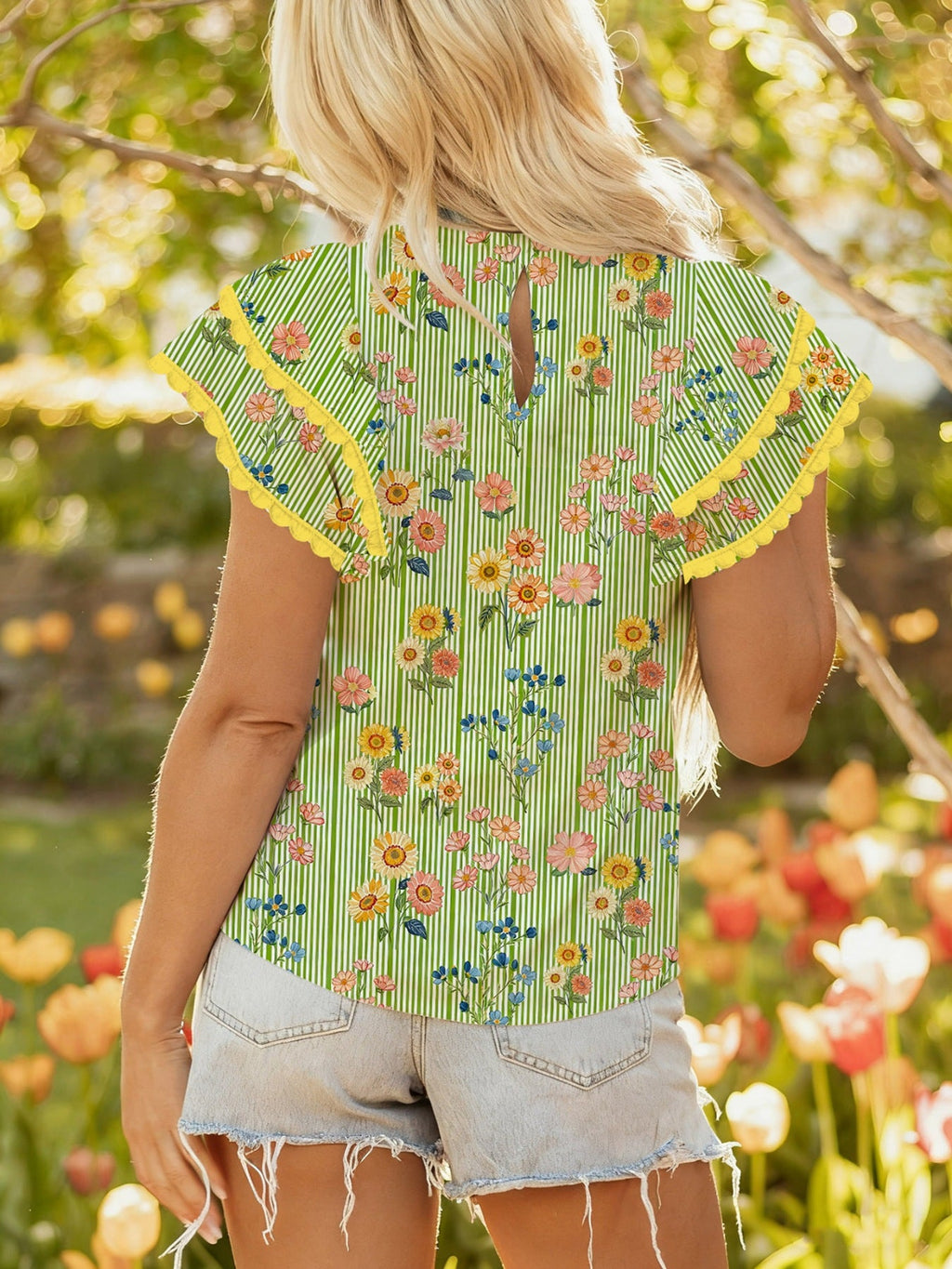Stripe Floral Printed Scalloped Detail Ruffle Short Sleeve Blouse