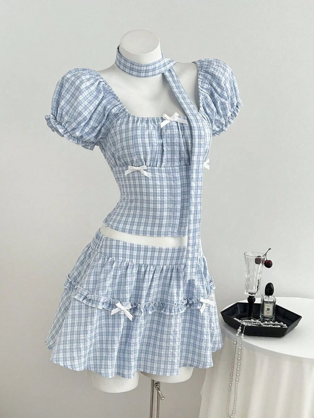 Plaid Puff Sleeve Blouse and Skirt Set
