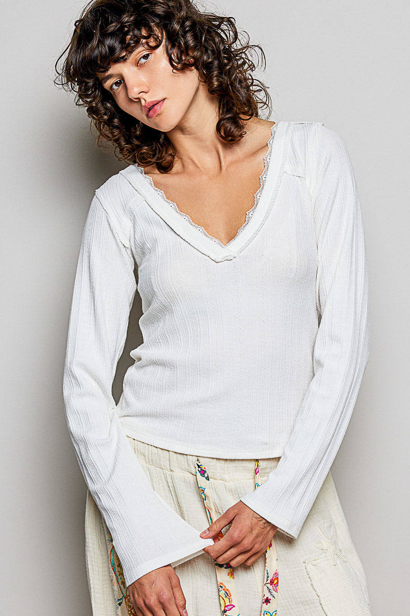 POL V-Neck Long Sleeve Ribbed Top with Lace-Accent Neckband