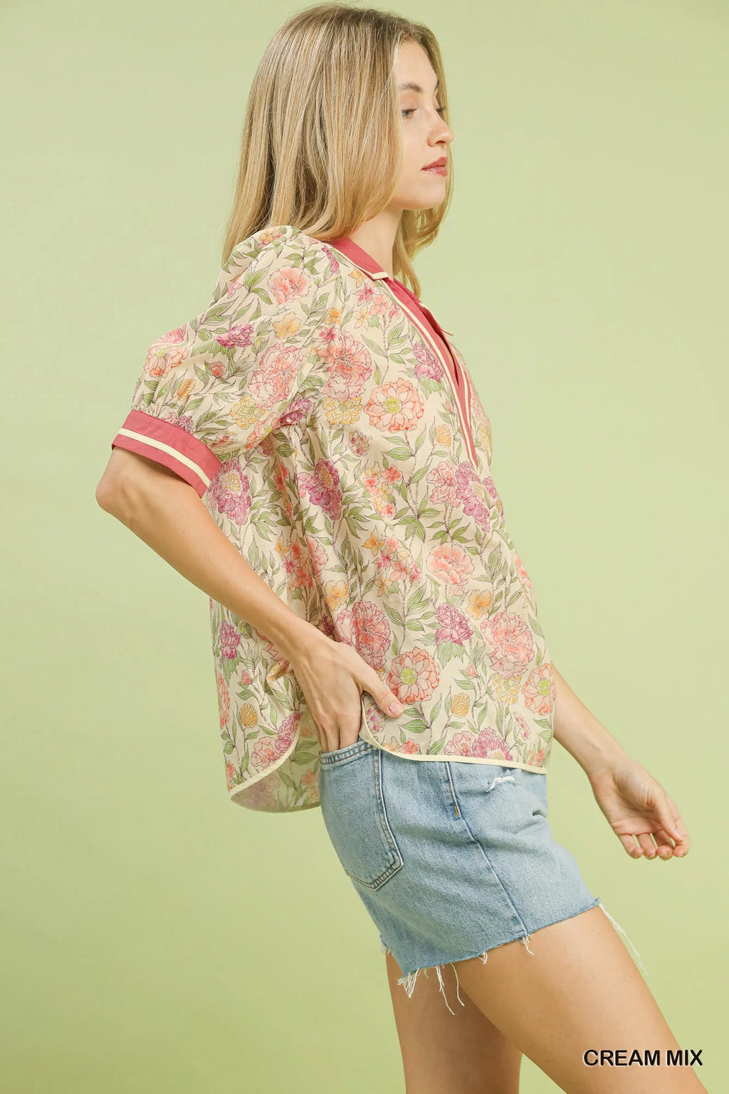 Umgee Mix Floral Puff Sleeve Blouse with Contrast Trim