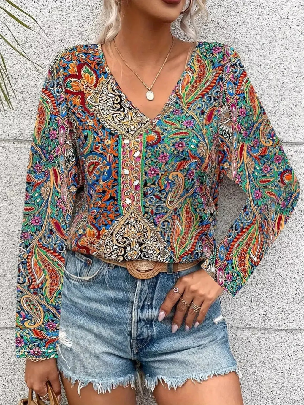 Paisley Print V-Neck Long Sleeve Blouse