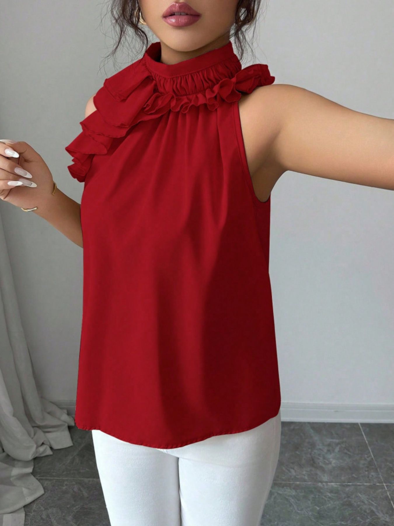 Ruffle High Neck Sleeveless Top