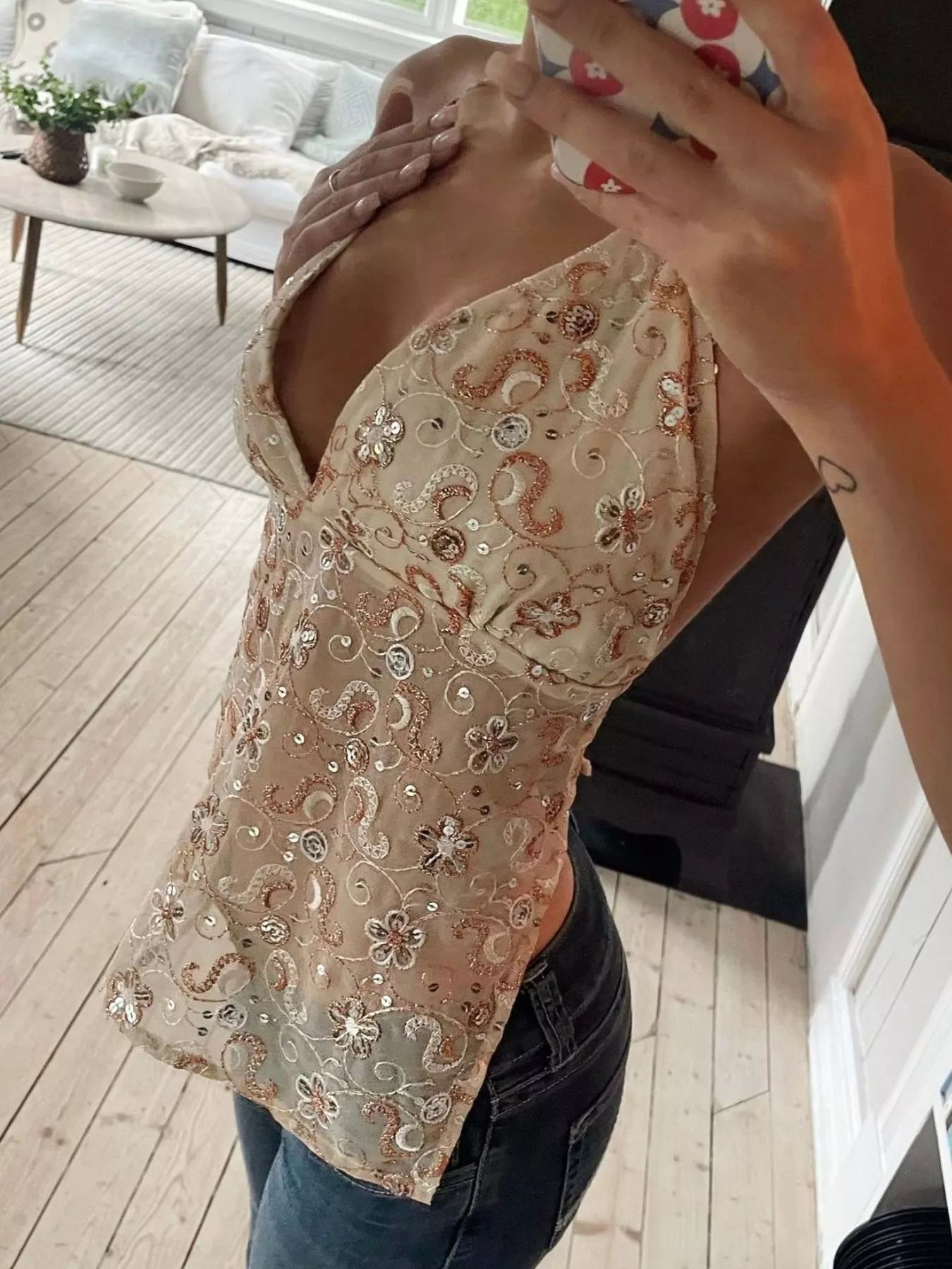 Sequin Embellished Halter Neck Cami
