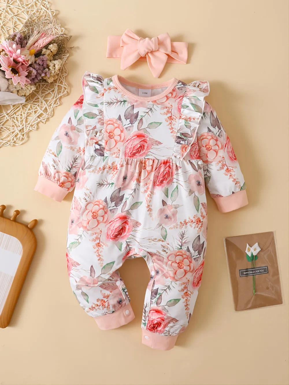 Ruffled Floral Round Neck Jumpsuit with Headband