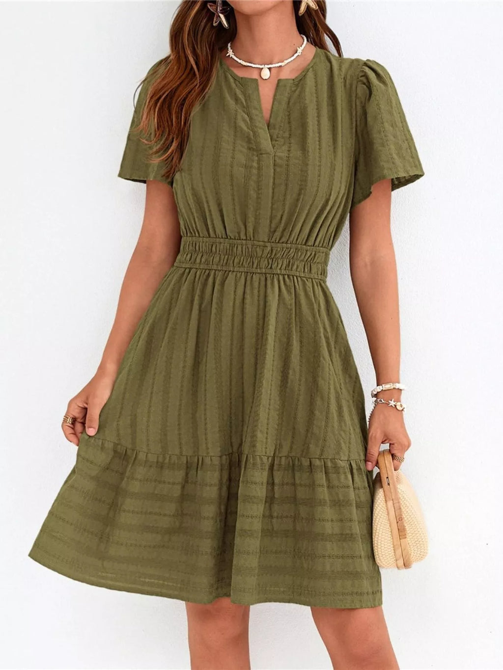 Short Sleeve Smocked Waist Tiered Dress