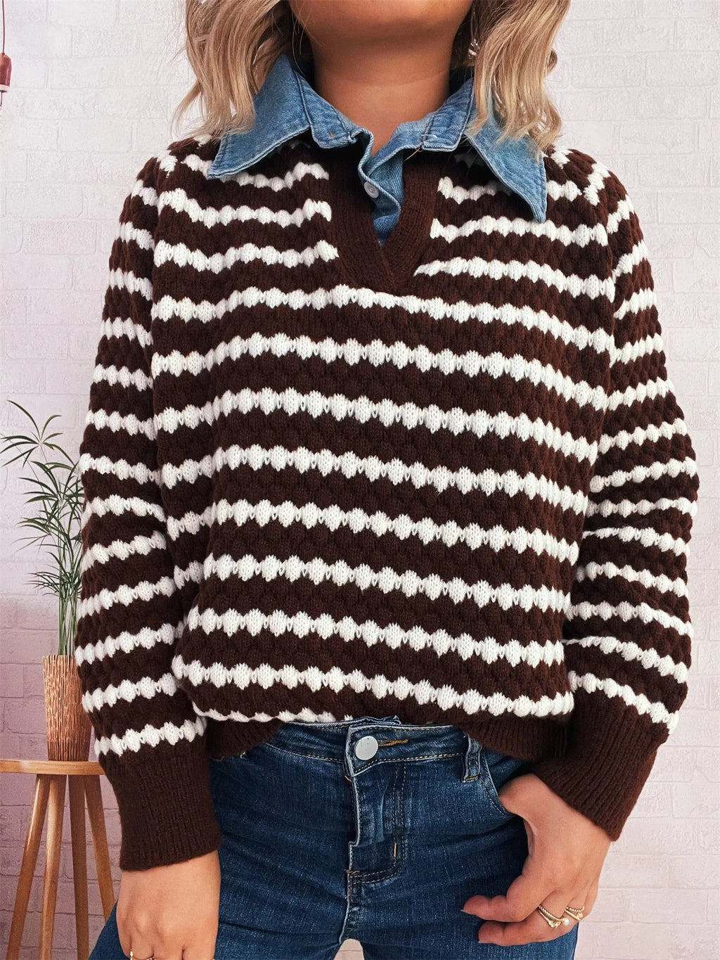 Contrast Striped Sweater with Denim Collar