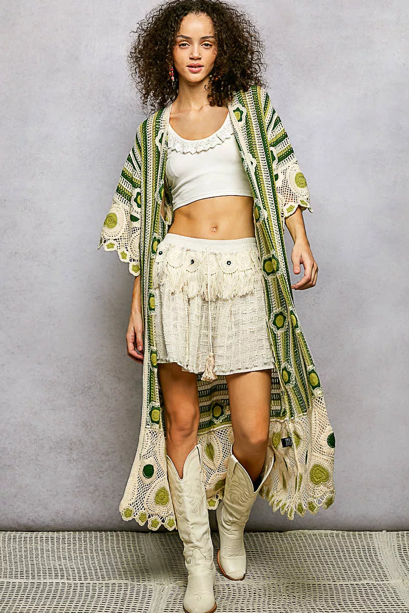 POL Striped and Floral Pattern Crochet Longline Cardigan