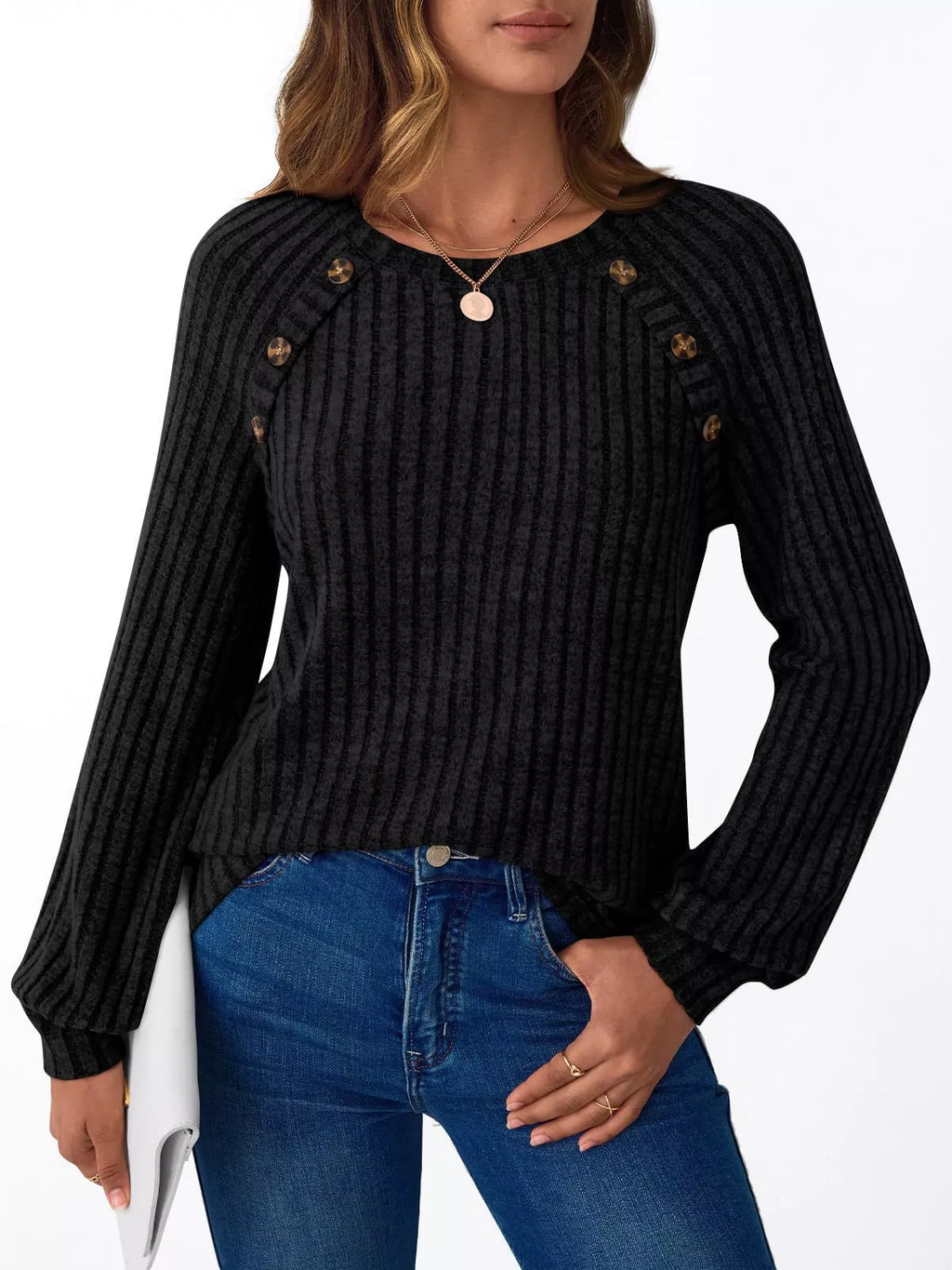 Ribbed Knit Decor Button Long Sleeve T-Shirt