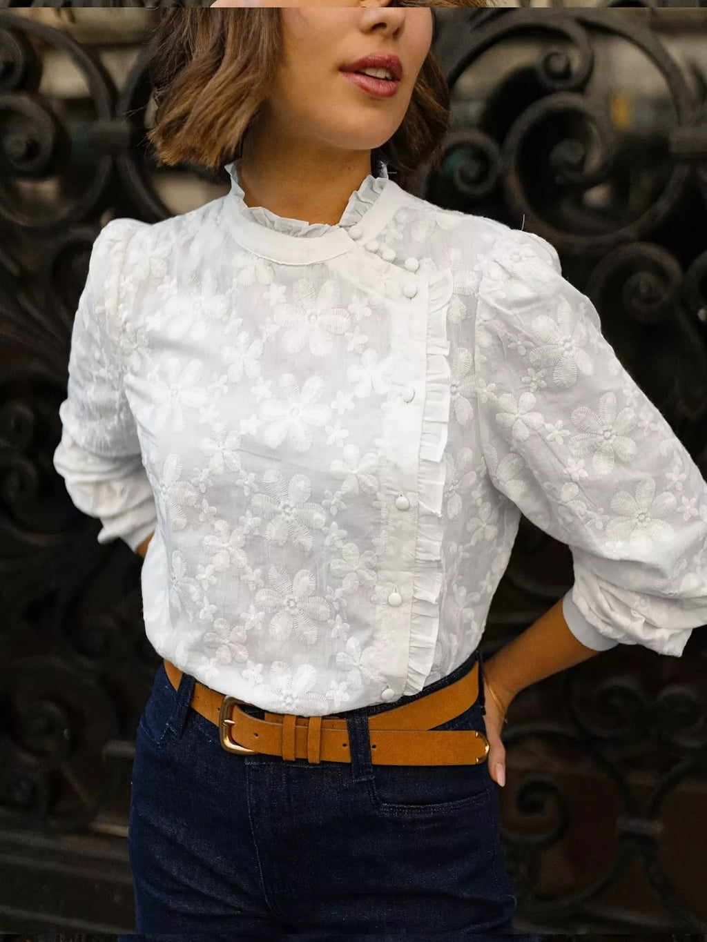 Floral Embroidered Ruffle Trim Blouse