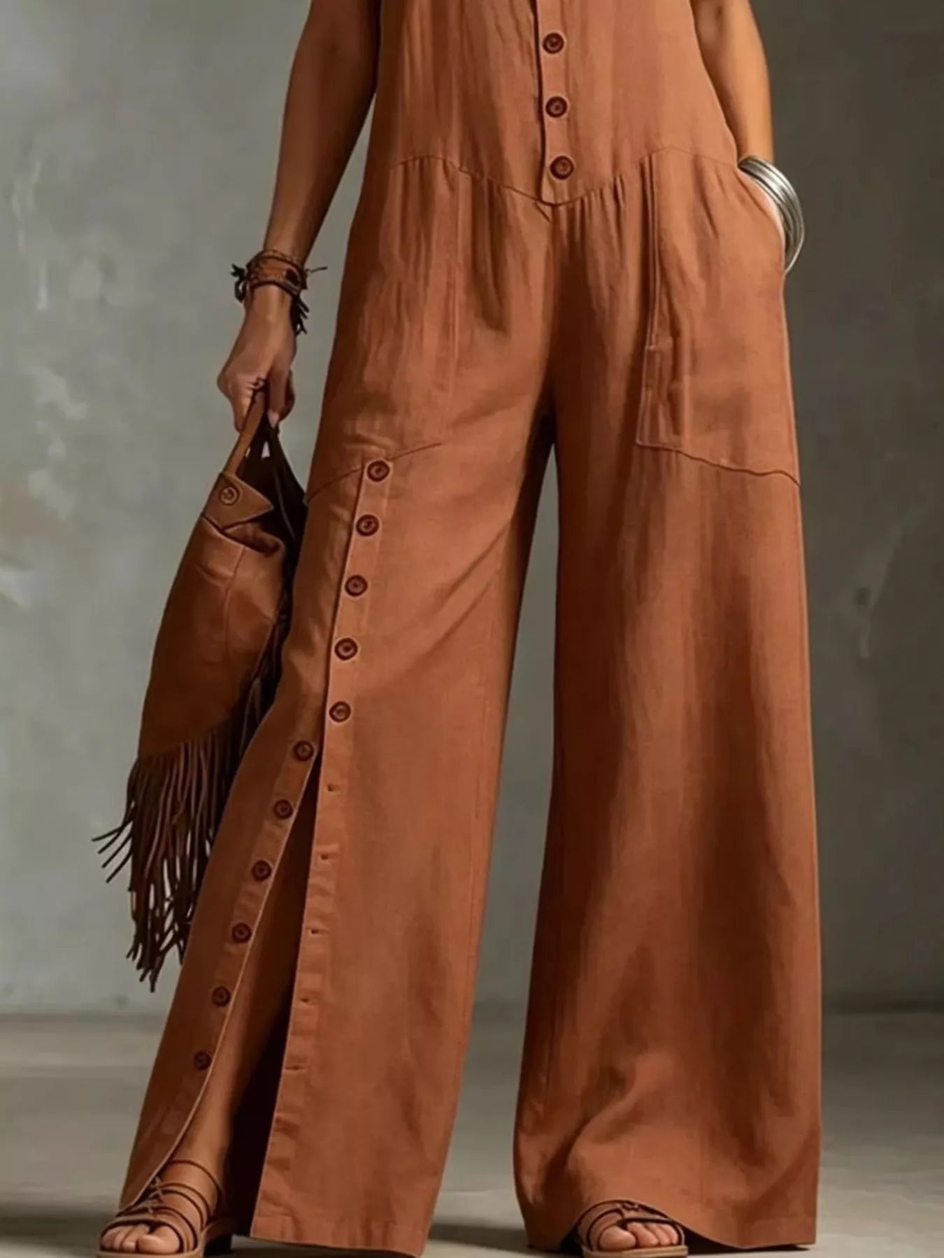 Full Size Sleeveless Button Front Wide Leg Jumpsuit Plus Size