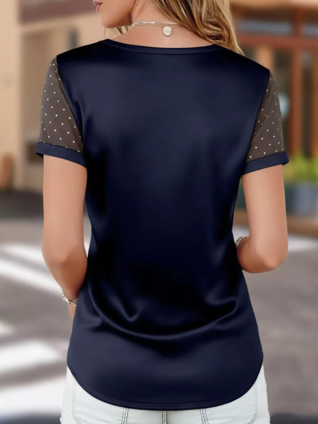 Polka Dot Mesh Sleeve Satin Short Sleeve Top