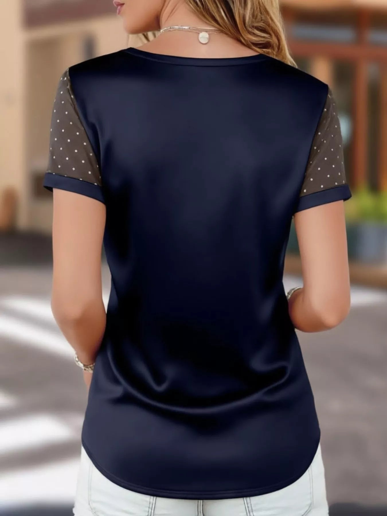 Polka Dot Mesh Sleeve Satin Short Sleeve Top
