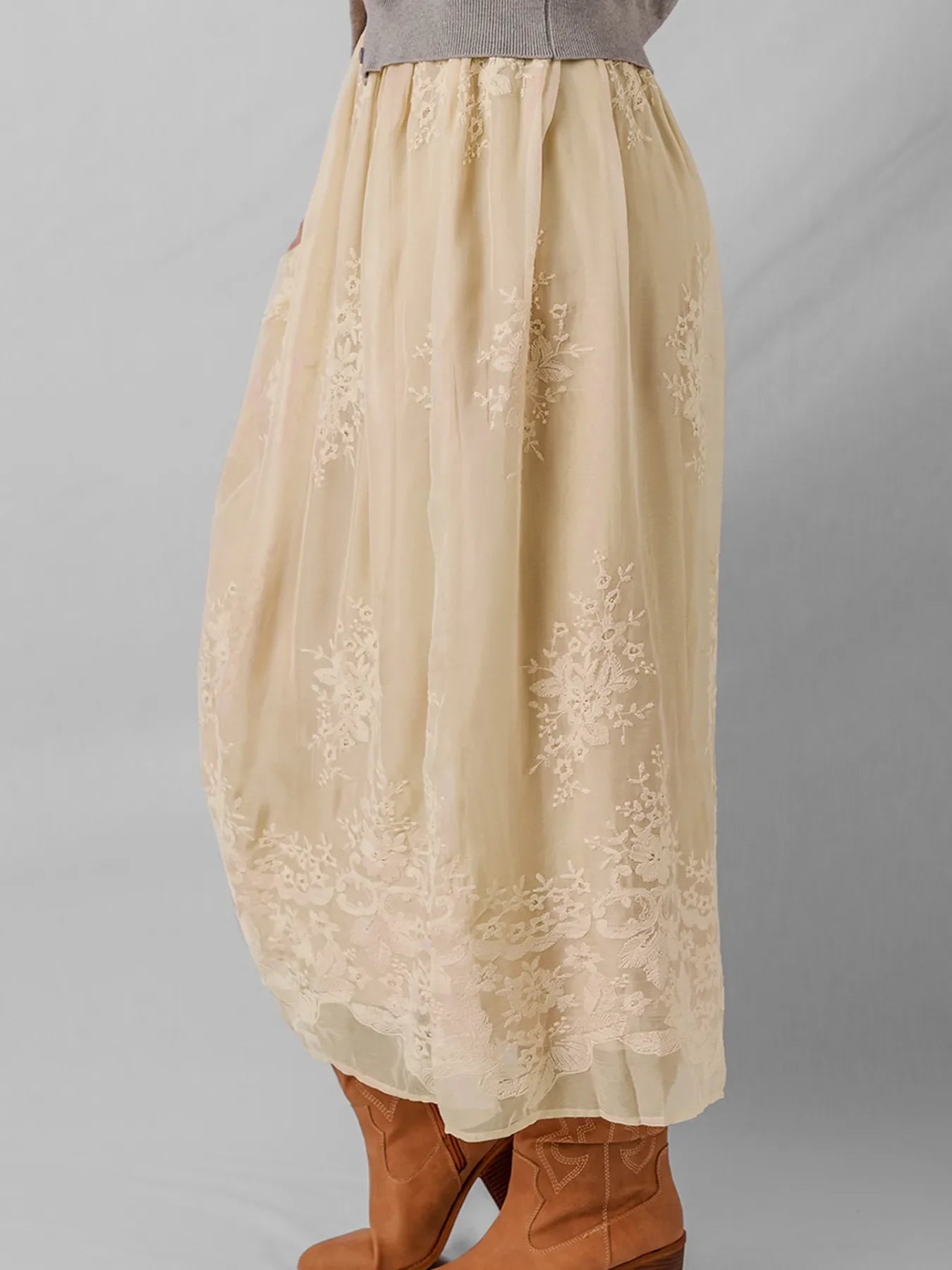 Embroidered Mesh Overlay Flowy Midi Skirt