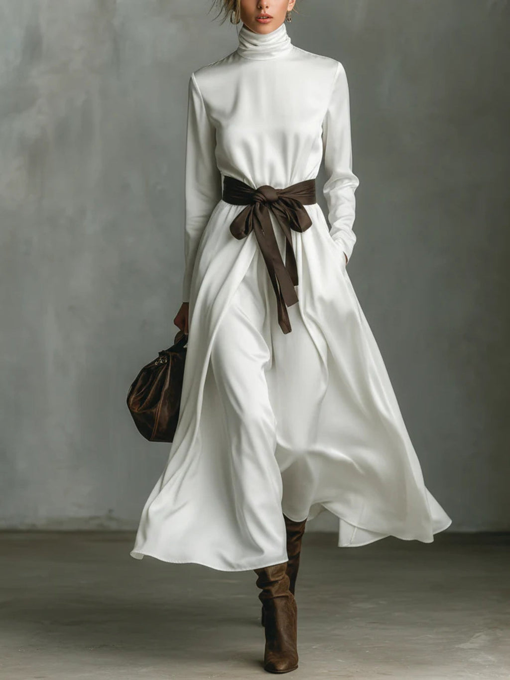 Turtleneck Tie Waist Midi Dress