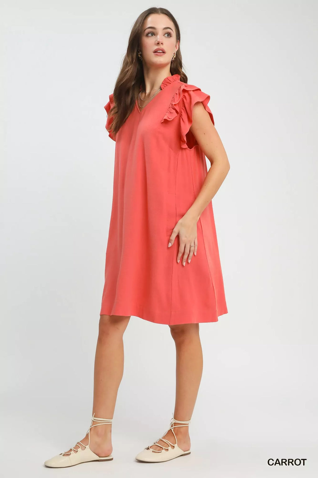 Umgee Linen Flutter Sleeve Shift Dress with Pockets