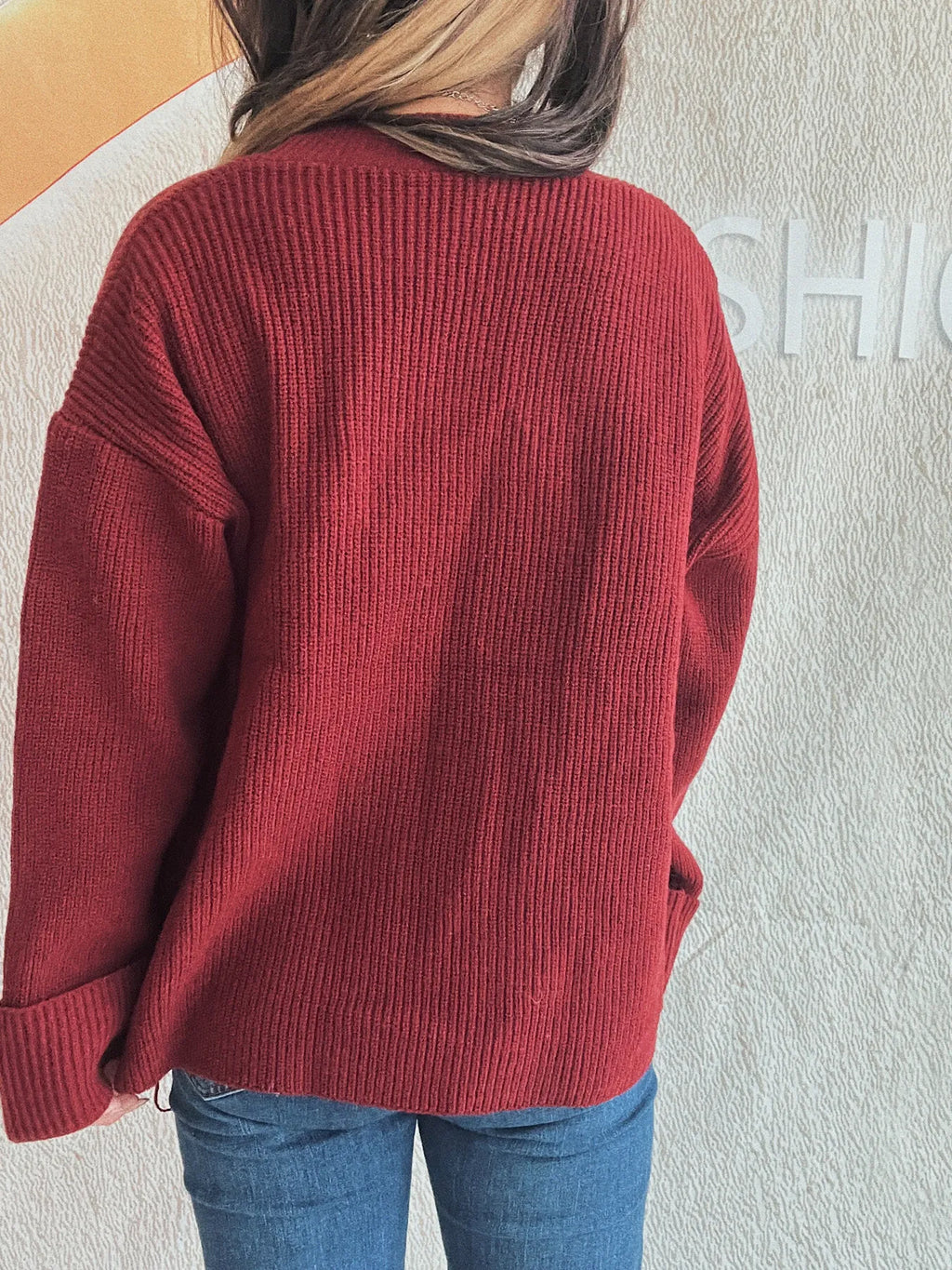Button-Front Ribbed Cardigan with V-Neck