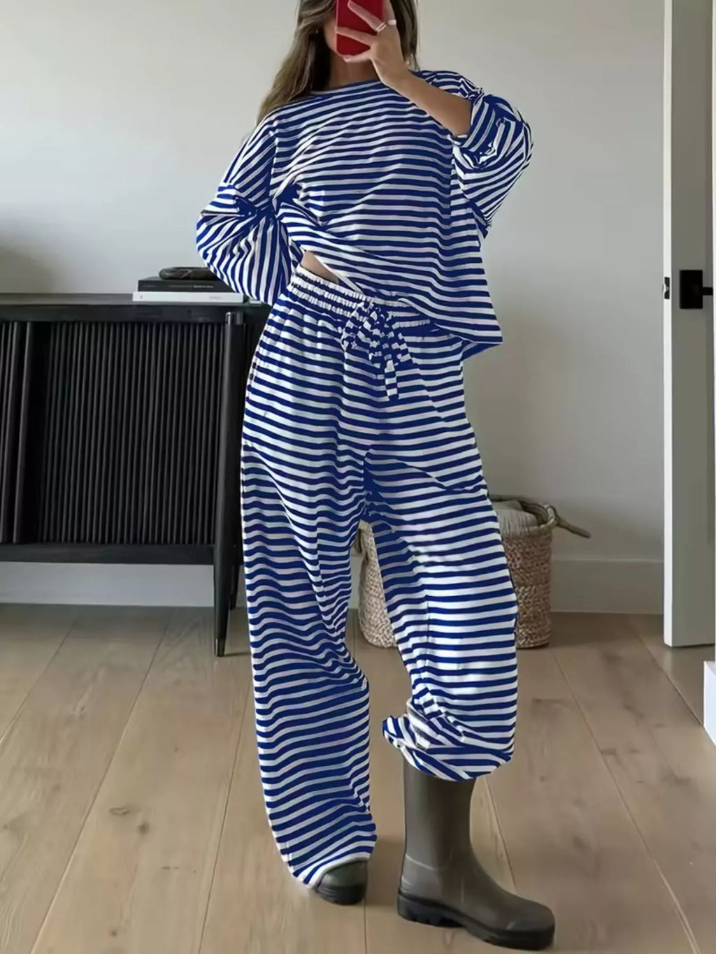 Striped Round Neck Top and Pants Set