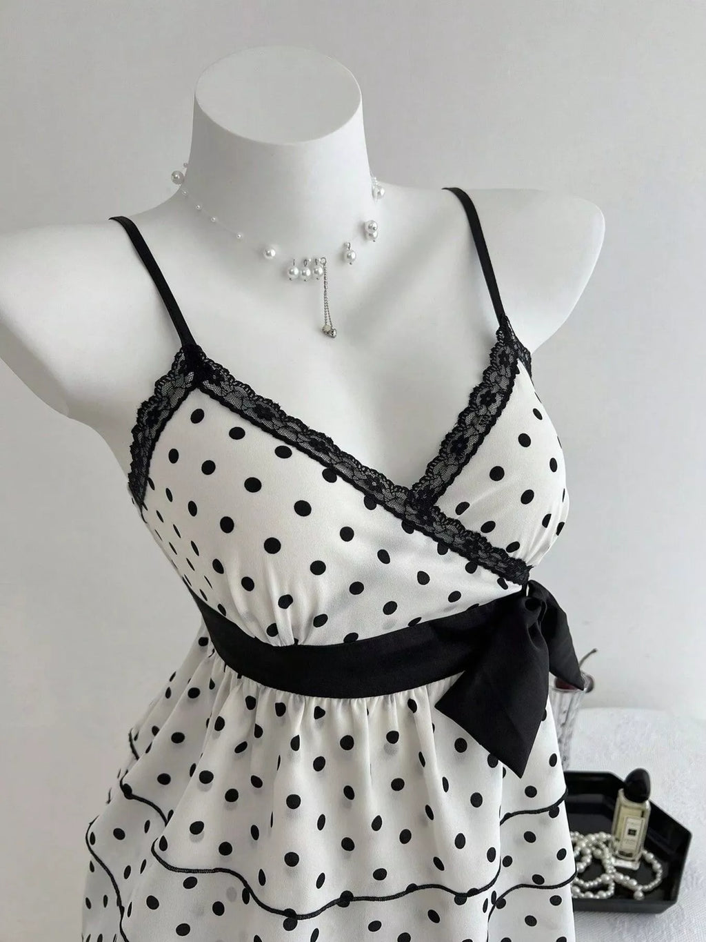 Polka Dot Ruffle Hem Cami with Lace Trim