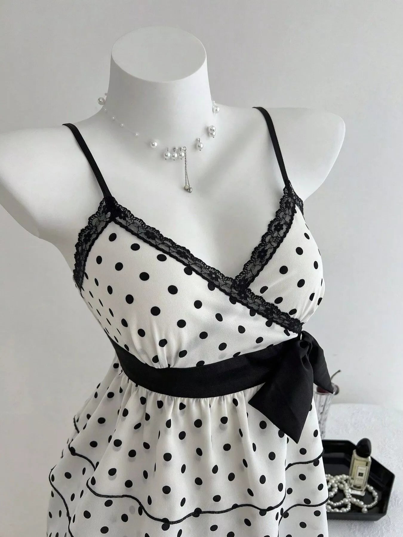 Polka Dot Ruffle Hem Cami with Lace Trim