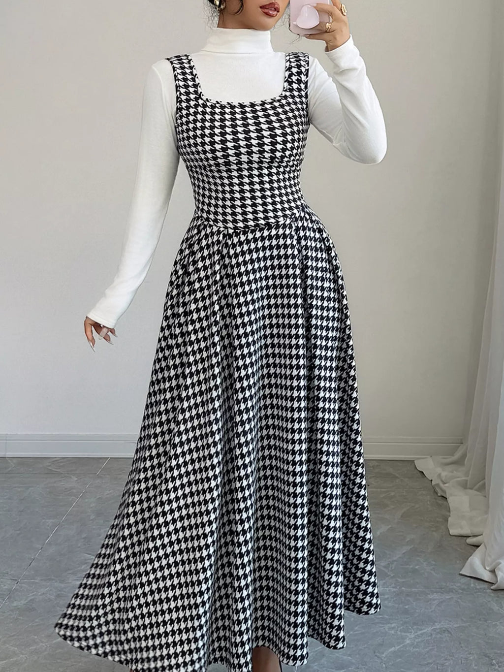 Houndstooth Sleeveless A-Line Dress