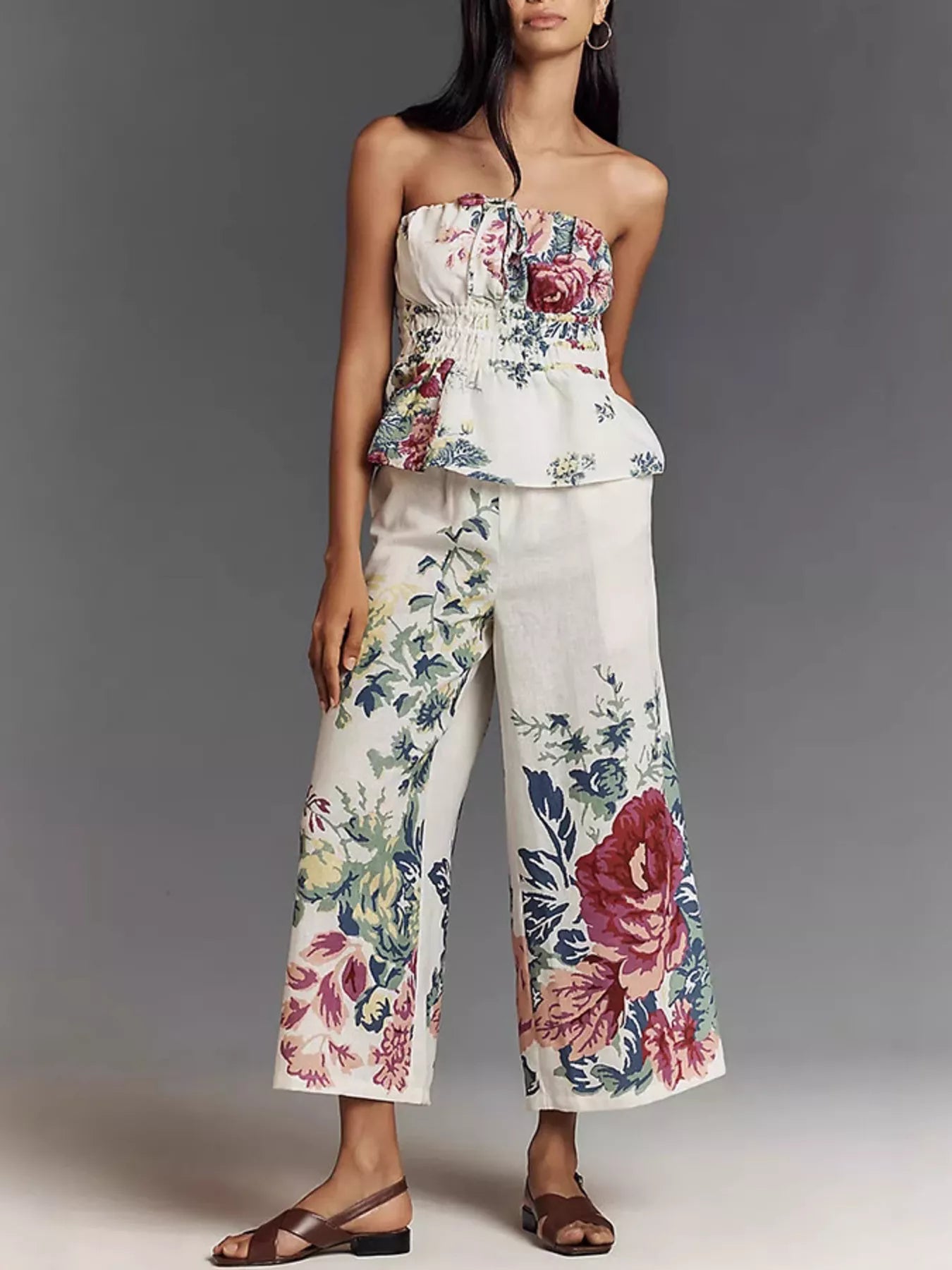 Floral Print Strapless Top and Wide-Leg Pants Set