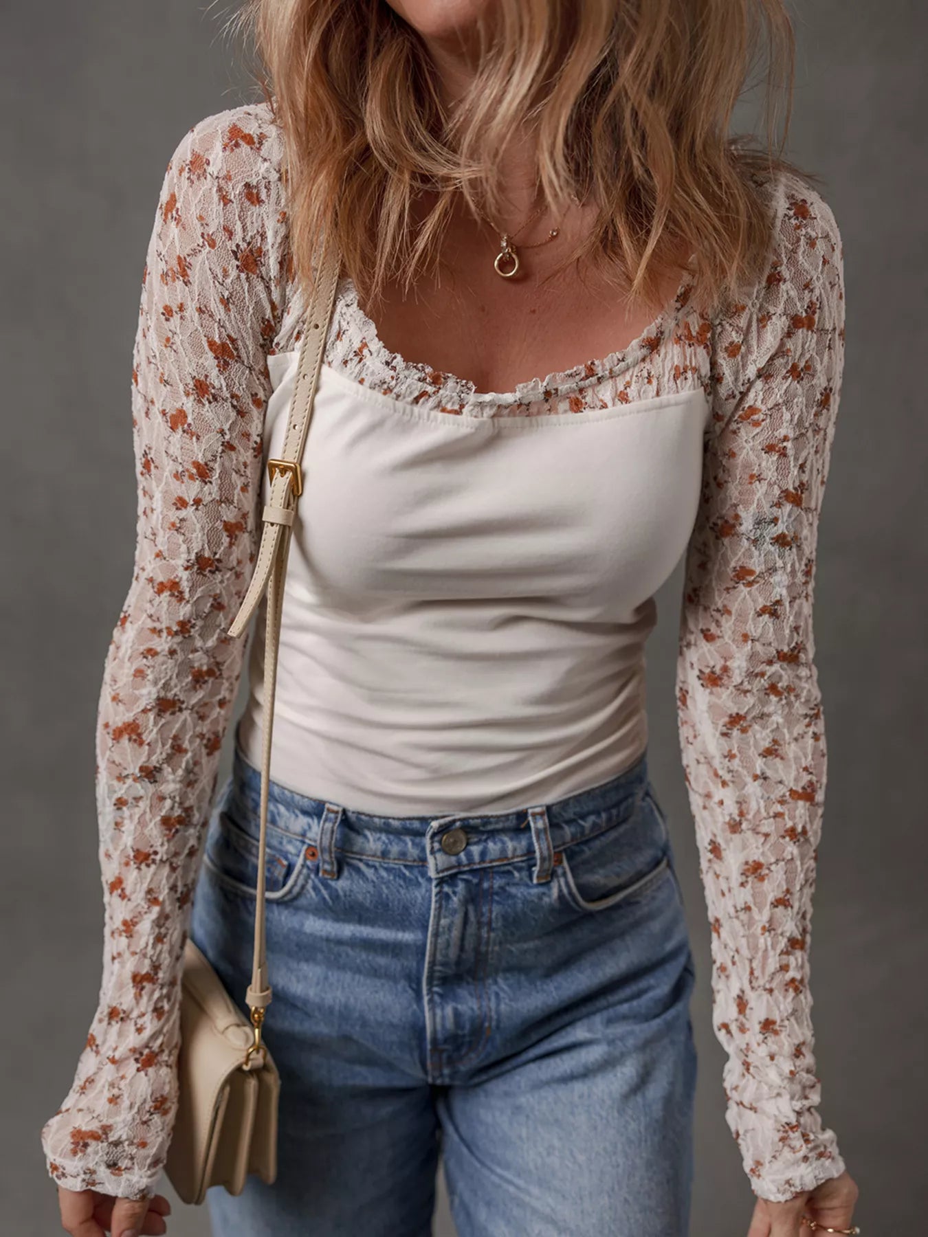 Floral Lace Patchwork Square Neck Long Sleeve Top