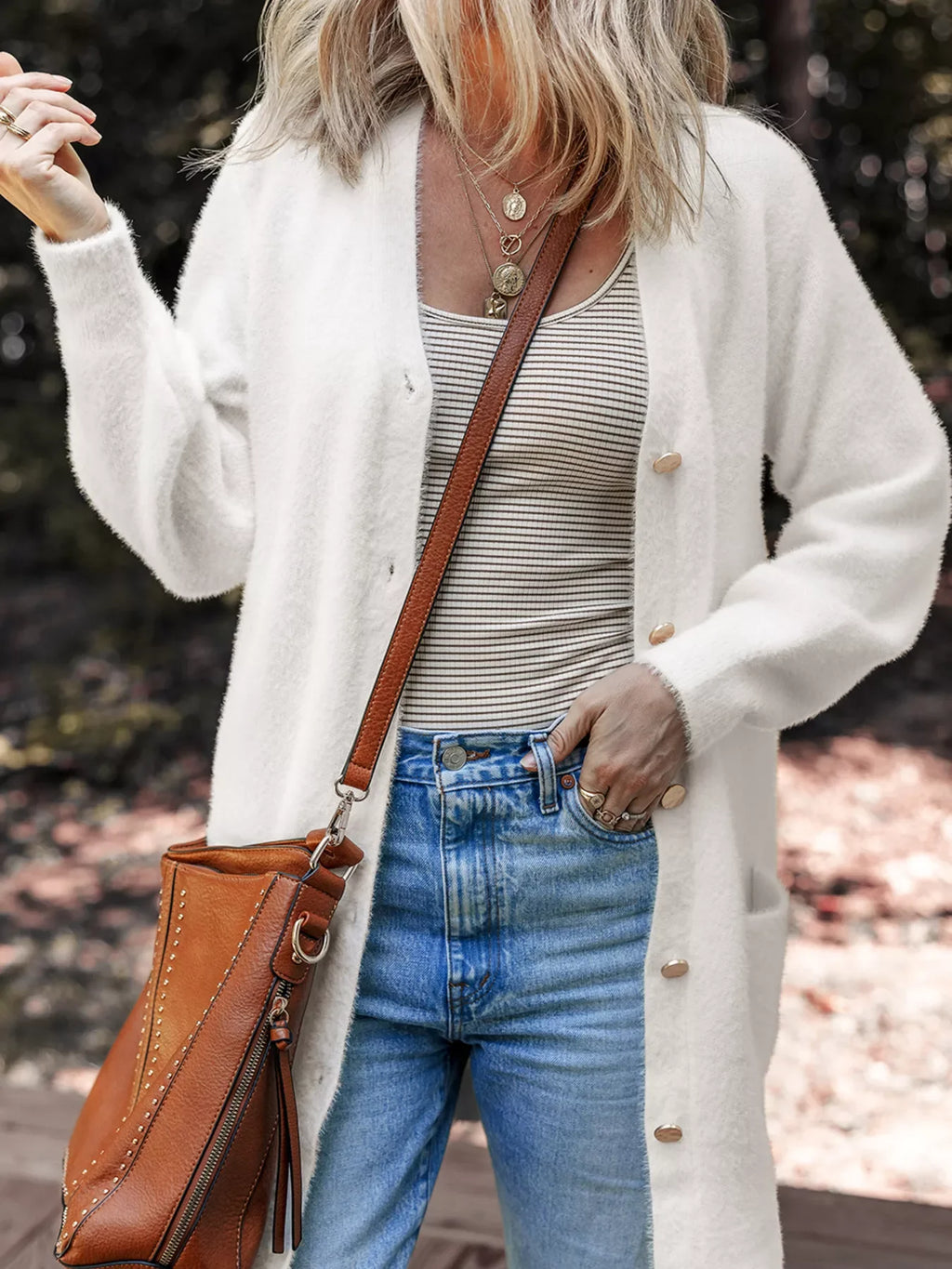 Fuzzy Buttoned Front Cardigan with Pockets