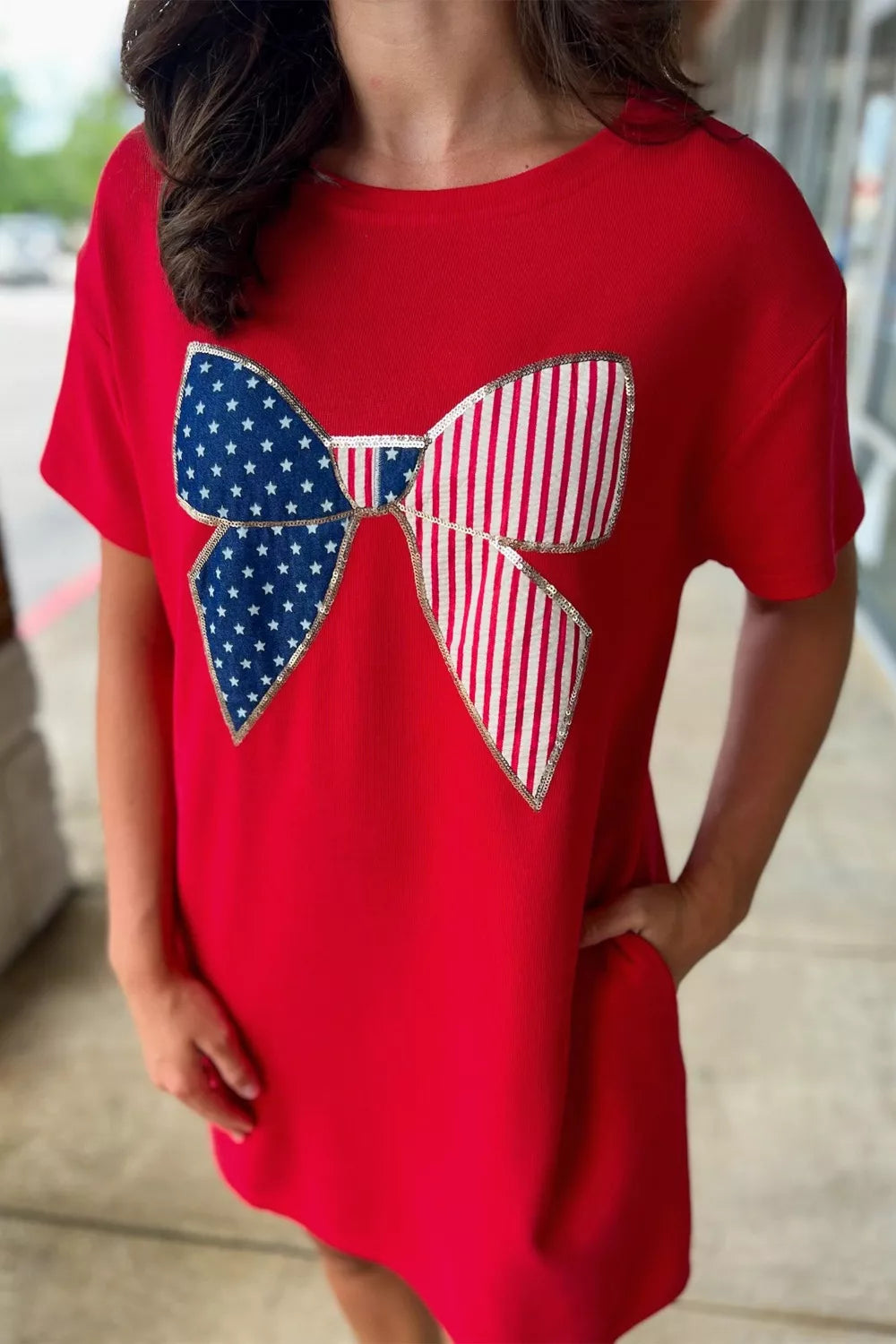 Sequin Trim Stars and Stripes Bow Patched T Shirt Mini Dress