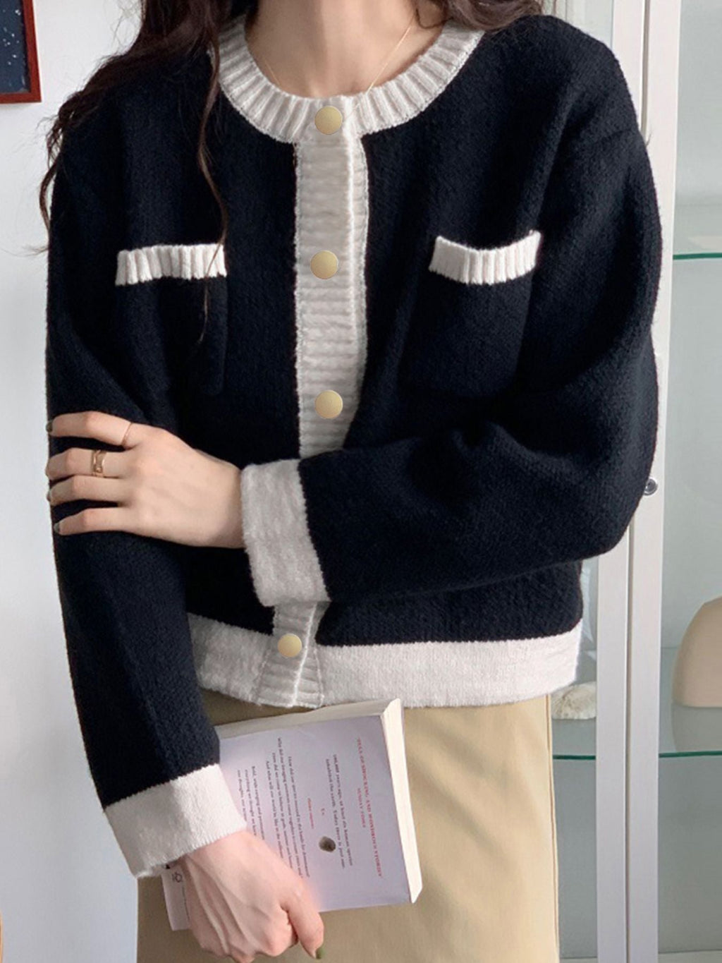 Contrast Trim Button Up Cardigan