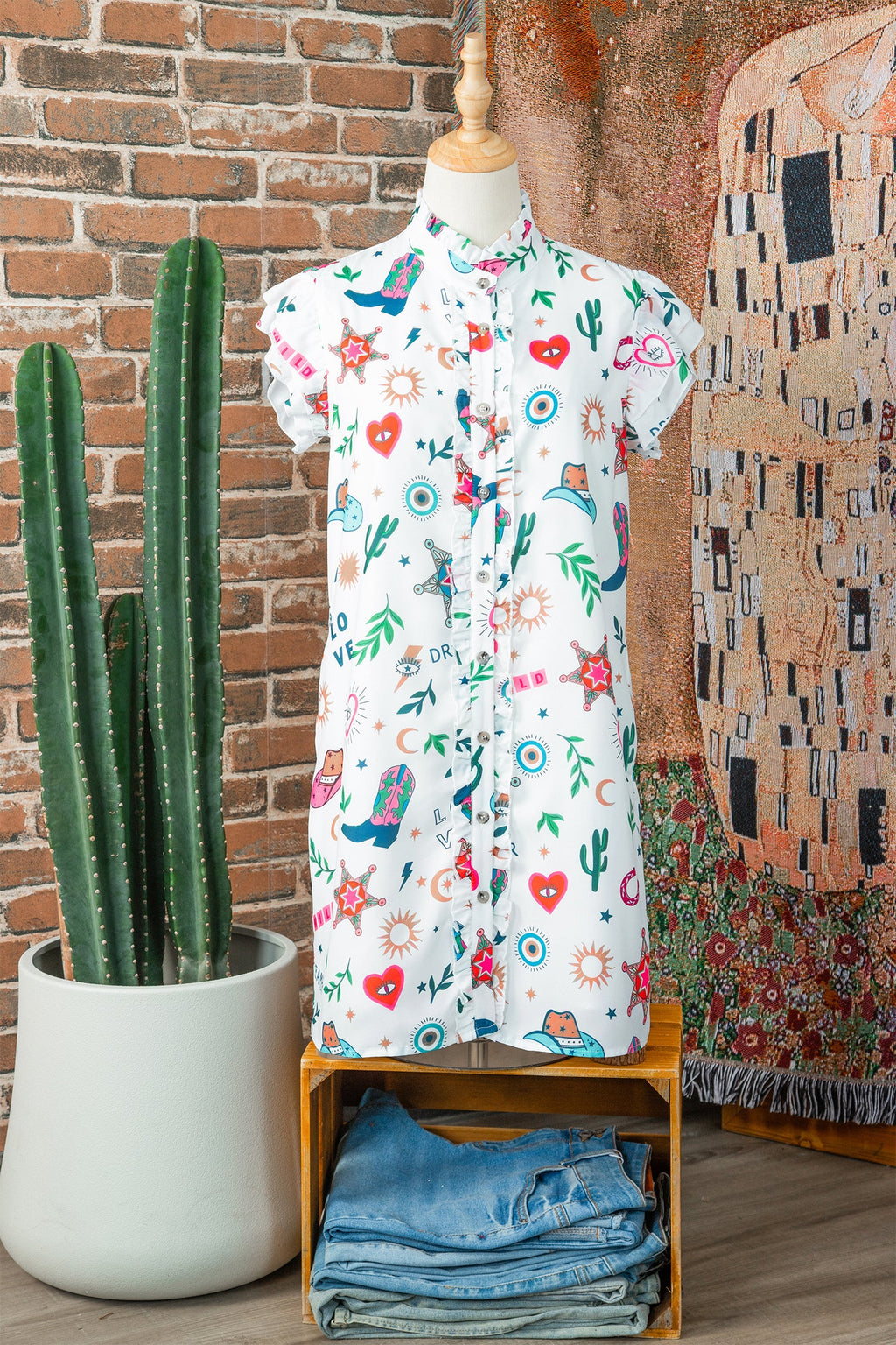 Western Flutter Sleeve Button-Down Mini Dress